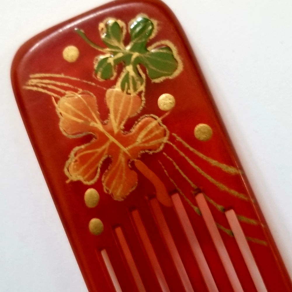 Vintage 1970s Hawaiian Hand Painted Cherry Brown 8 Prong Hair Comb Accesory 4"
